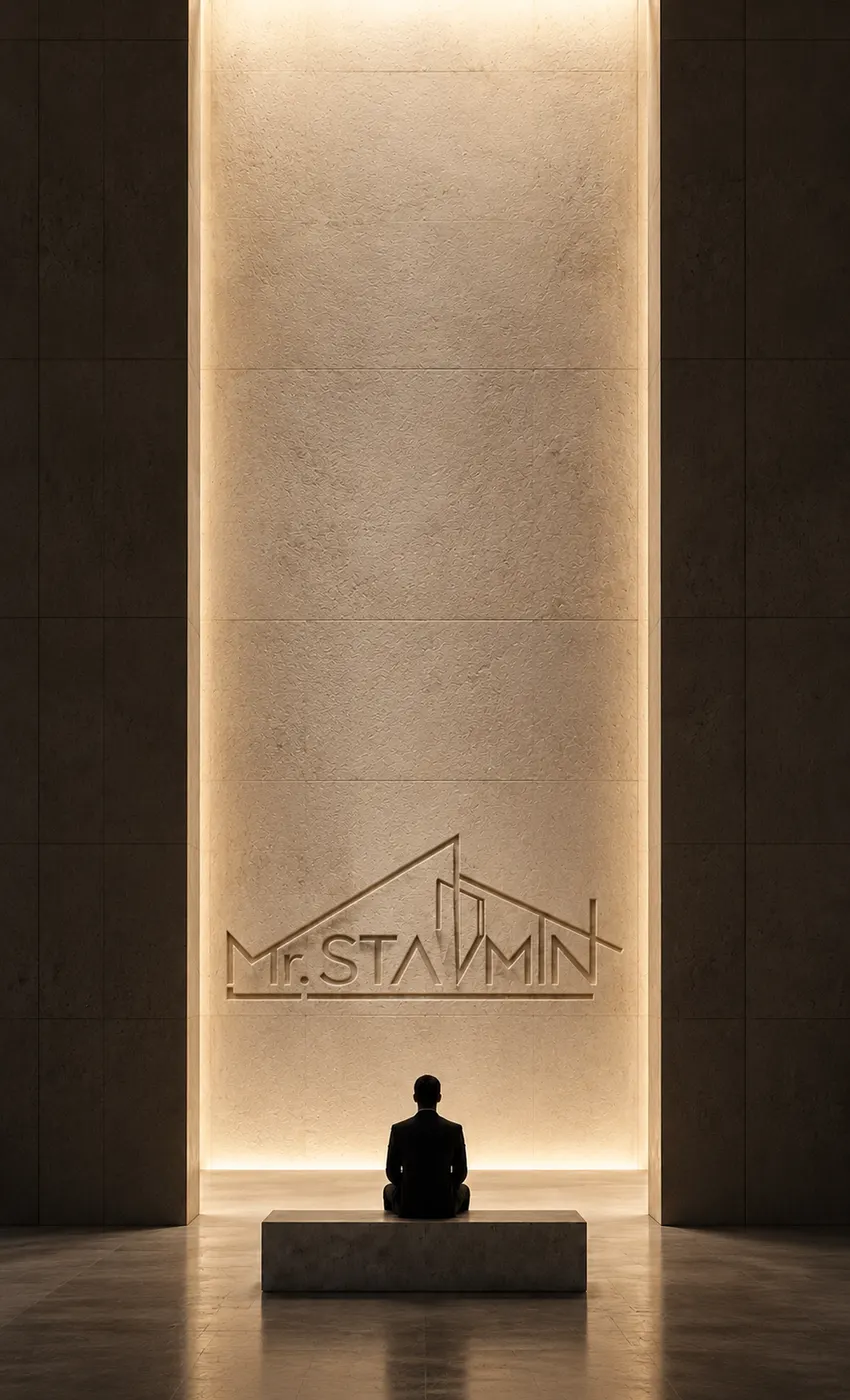 Logo Mr. STAVMIN na podsvícené kamenné stěně, v popředí sedící postava